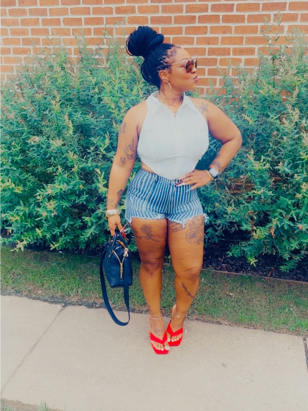 Striped High-Waist Denim Shorts - Blue